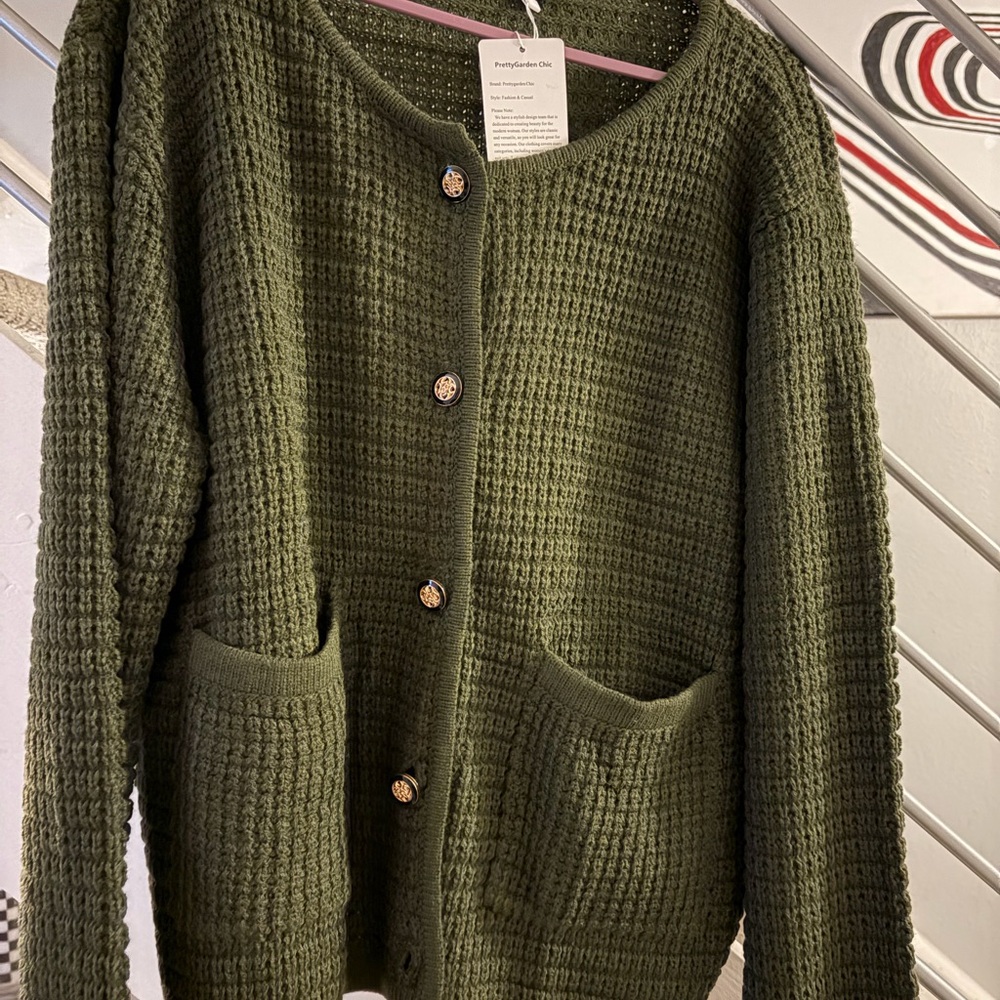 Elegant Forest Green Waffle Knit Cardigan